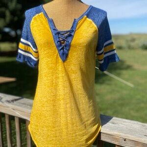 Bobbie Brooks Yellow and Blue Lace-Up Baseball Tee